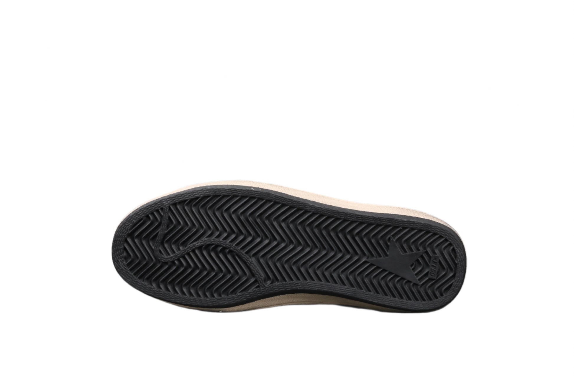 Close-up of a black sneaker sole with white rim on a black background