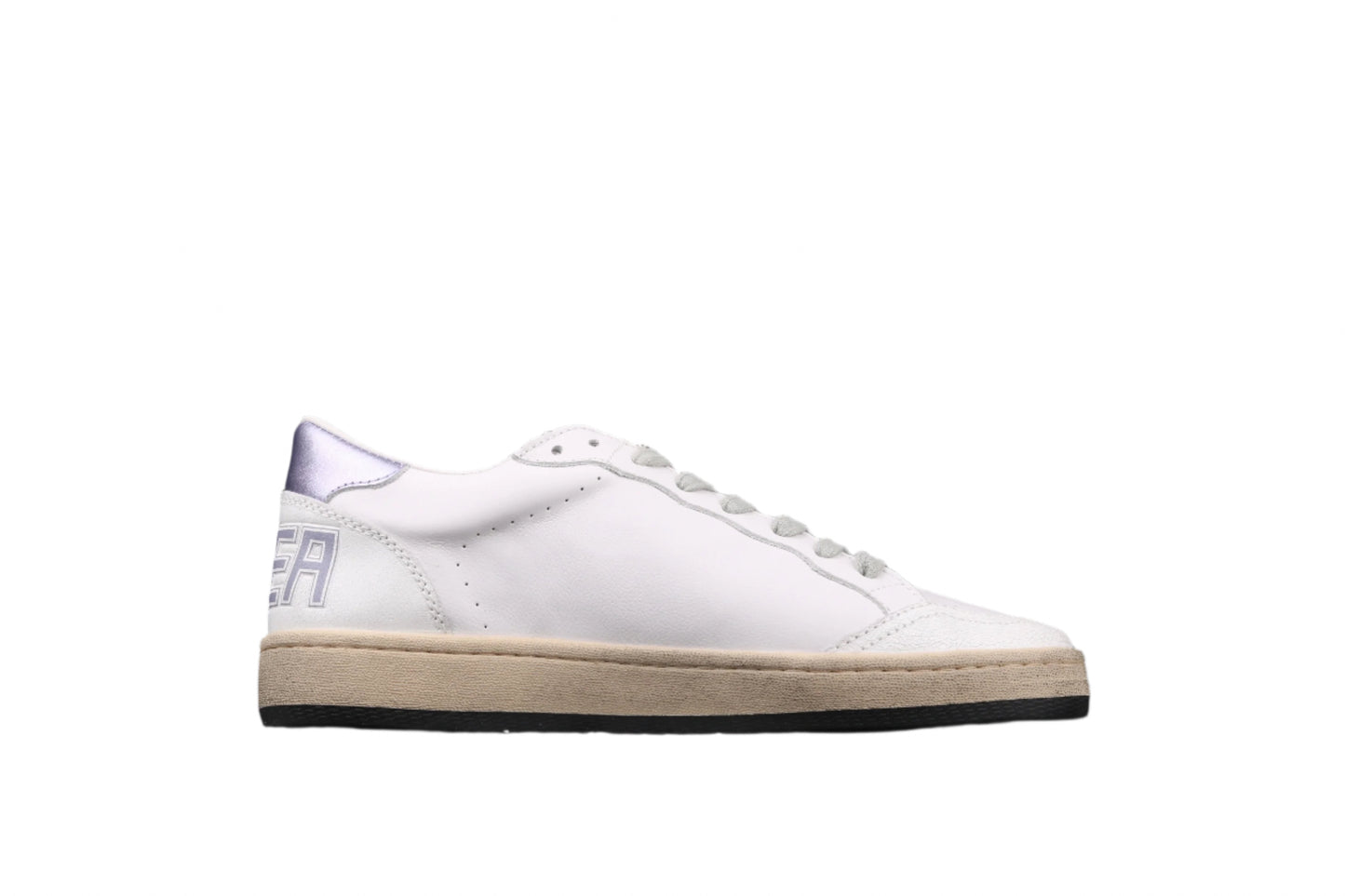 White sneaker with a brand logo on a black background