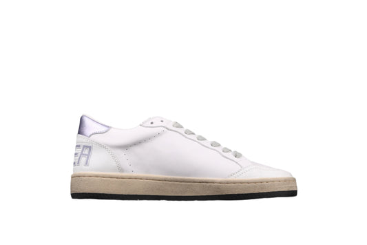 White sneaker with a brand logo on a black background