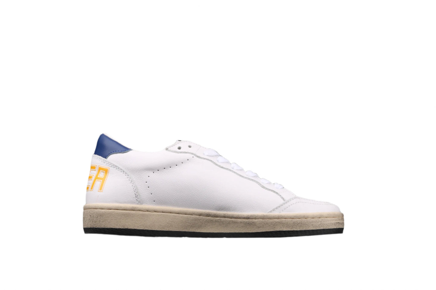 White sneaker with blue accents on a black background