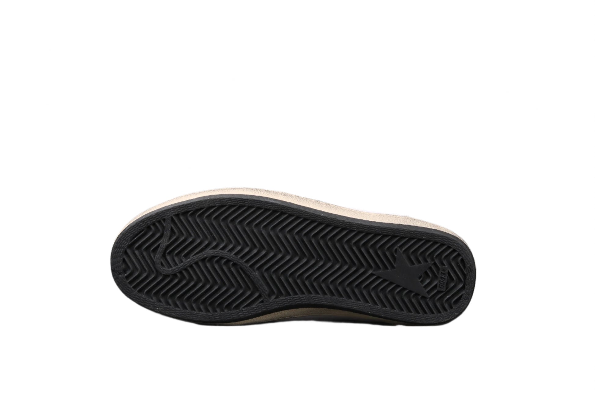 Close-up of a shoe sole with tread pattern on a black background