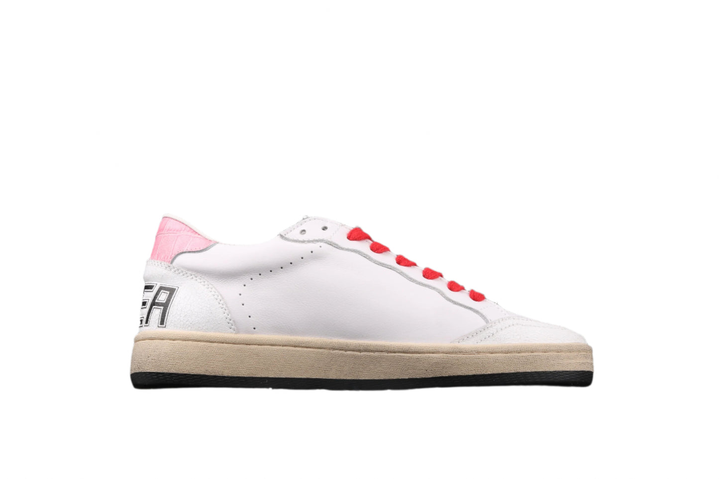 White sneaker with red accents on a black background
