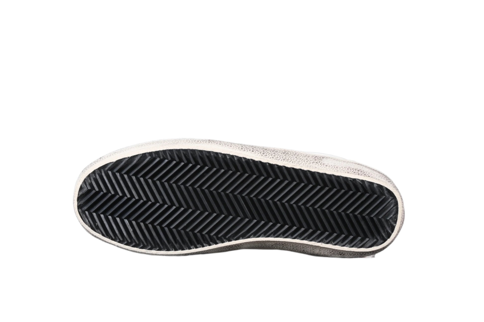 Close-up of a shoe sole with tread pattern on a black background
