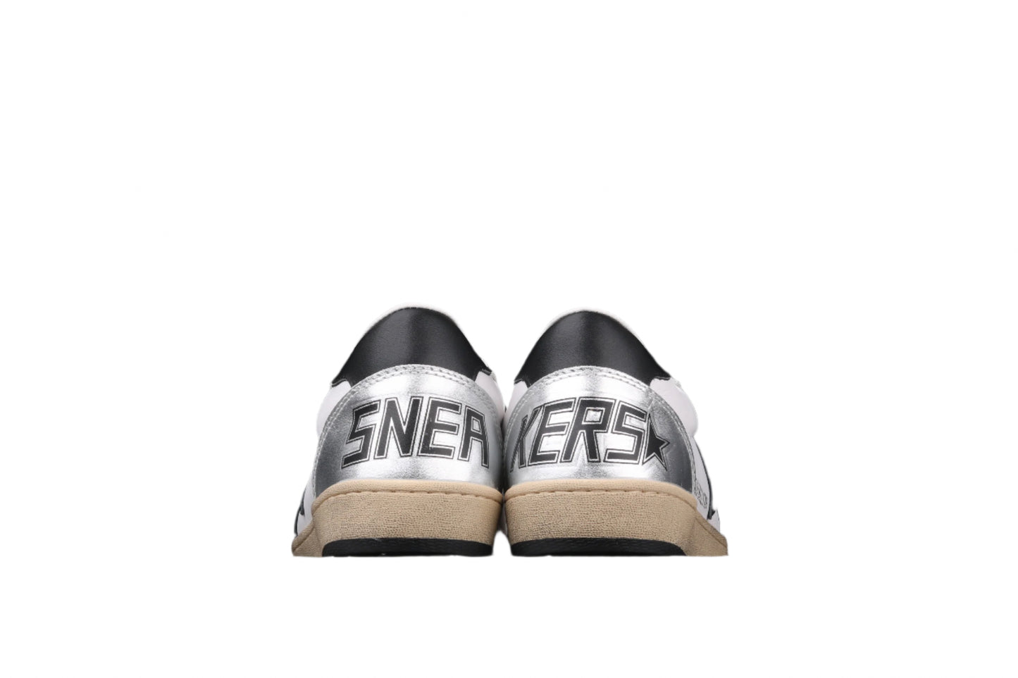 Silver sneakers with 'SNEAKERS' text on a black background