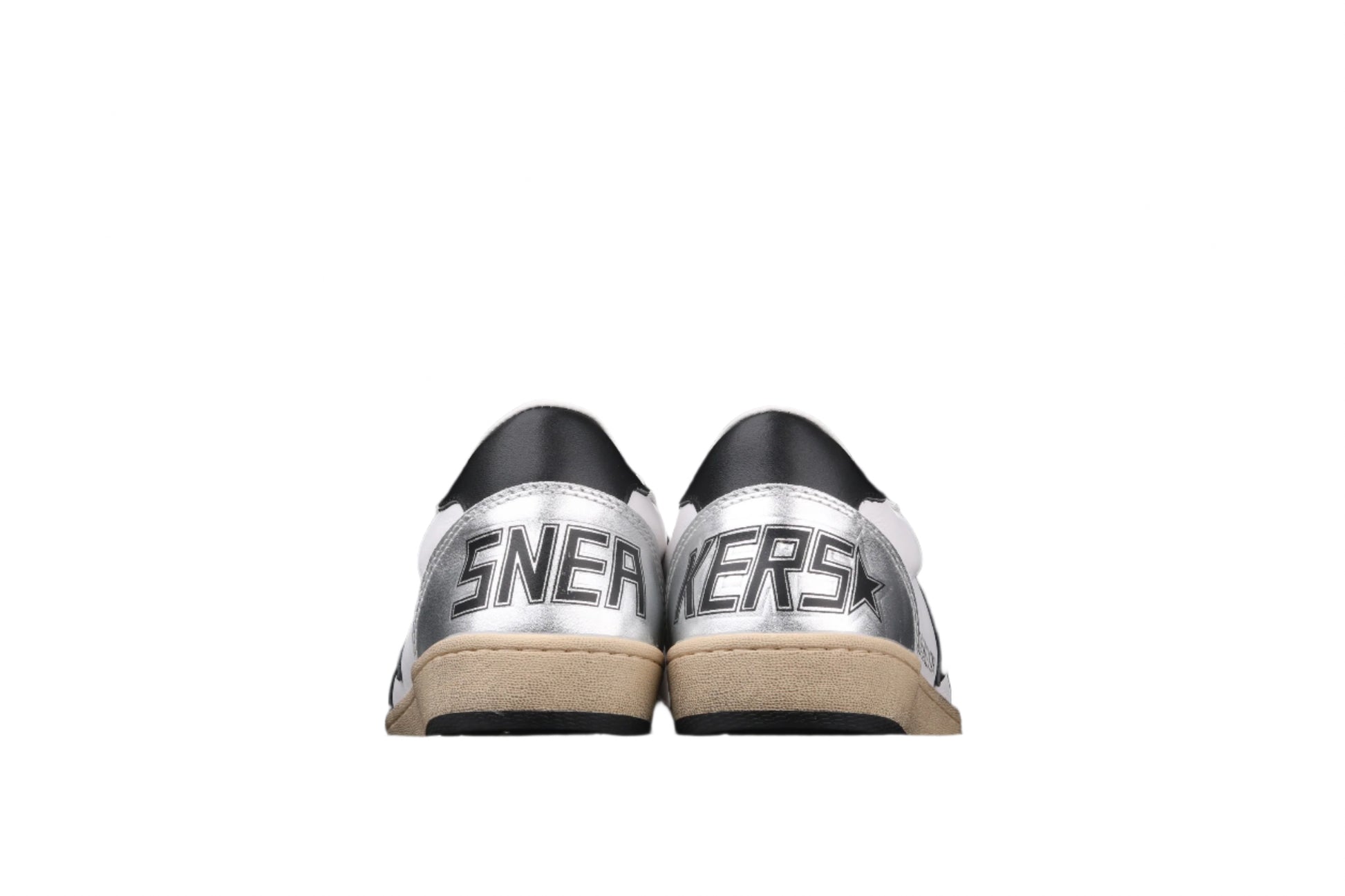 Silver sneakers with 'SNEAKERS' text on a black background
